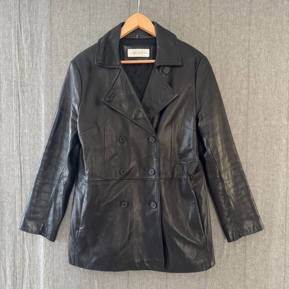 Jones New York Black 100% Leather DoubLe Breast Mid Length Jacket Size Large - Picture 1 of 15